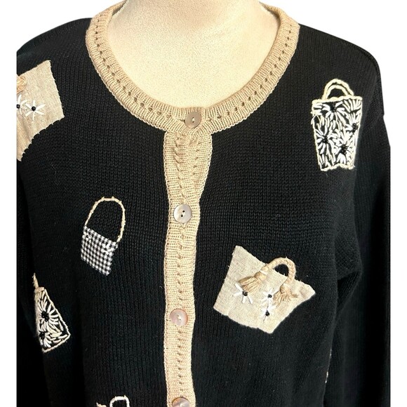 Vintage Talbot Black Tan Beaded Embroidered Handbag Cardigan Ugly Sweater 1X - Picture 2 of 9
